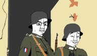 2soyjaks angry arm berlin blue_eyes charlemagne closed_mouth clothes collar_tabs combat_helmet drawn_background epaulettes france glasses gun hand helmet military military_uniform nazi_germany rifle smile soyjak stahlhelm variant:chudjak wwii // 2116x1224 // 96.1KB