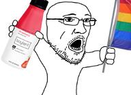 arm bottle flag glasses hand holding_bottle holding_flag holding_object holding_soylent lgbt open_mouth plastic_bottle soy soyjak soylent soylent_(strawberry) soylent_bottle stubble variant:unknown // 881x644 // 222.7KB