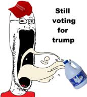bleach cap clothes donald_trump drinking glasses hat maga open_mouth soyjak stubble subvariant:soyak_soymilk text variant:soyak // 805x900 // 330.6KB