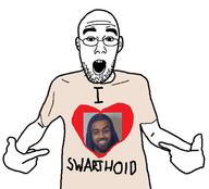 clothes glasses hamza hand heart i_heart i_love negro open_mouth pointing soyjak swarthoid swarthy variant:shirtjak // 1125x1017 // 140.1KB