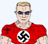 angry blond blood blue_eyes buff closed_mouth clothes full_body gigachad glasses hair nazism smile soyjak subvariant:chudjak_front subvariant:muscular_chud sun swastika tshirt variant:chudjak white_skin // 1059x973 // 66.0KB