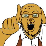 dog ear glasses hand janny open_mouth pointing pointing_up soyjak stubble suspenders variant:pointjak yellow_skin // 828x823 // 15.1KB