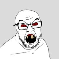 angry glasses missing_teeth mustache open_mouth red_eyes soyjak stubble variant:feraljak // 1000x1000 // 9.2KB