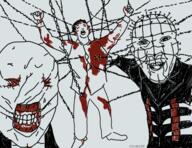 2soyjaks blood cenobite chains chatterer_(hellraiser) clothes full_body hair hellraiser horror no_eyes no_nose open_mouth pinhead_(hellraiser) soyjak torture variant:two_pointing_soyjaks // 506x390 // 163.9KB
