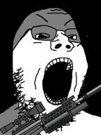 angry black_background fal firearm glasses ominous open_mouth shade soyjak stubble variant:gapejak weapon // 600x800 // 116.3KB