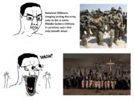 arm army christianity crusade glasses golem hand hands_up stretched_mouth stubble text tongue variant:chudjak waow yellow_teeth // 1083x810 // 801.1KB