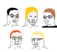 5soyjaks alternate brown_hair ear glasses green_eyes hair handsome orange_hair redraw smile smirk smug soyjak variant:chudjak yellow_hair // 1157x1052 // 223.1KB