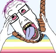 ack glasses hand hands_up hanging map_(pedophile) pedophile pedophilia purple_hair purple_tongue red_sclera rope stubble subvariant:ppplier variant:markiplier_soyjak variant:ppp // 561x525 // 137.2KB