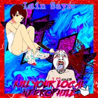 anime arm blood bloodshot_eyes brown_hair clothes female firearm glasses gore gun hair hand holding_gun holding_object holding_pistol i_heart_nigger iwakura_lain meme merge mustache open_mouth pistol pointing purple_hair serial_experiments_lain soyjak text tongue tranny tshirt variant:bernd variant:shirtjak weapon white_skin yellow_teeth // 2000x2000 // 809.6KB