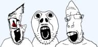 3soyjaks beard deformed_trio glasses hair looking_at_you mustache open_mouth red_eyes series:trios_&_duos slop_trio soyjak subvariant:brunetto transparent_background trio variant:bernd variant:parrotjak variant:sloppy // 1226x588 // 28.7KB