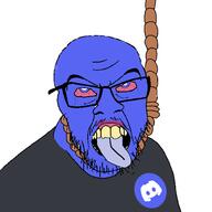anhero bloodshot_eyes blue_skin clothes crying discord glasses hanging lipstick mustache open_mouth rope stubble subvariant:feralcord tongue tranny variant:feraljak // 1500x1500 // 77.7KB