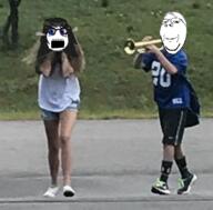 2soyjaks angry blue_eyes glasses hair irl open_mouth smile soyjak stubble subvariant:wholesome_soyjak teeth trumpet variant:gapejak variant:soytan // 341x335 // 156.8KB