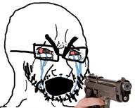 bloodshot_eyes crying firearm glasses gun hand holding_gun holding_object holding_pistol open_mouth pointing soyjak stubble variant:cryboy_soyjak weapon // 1024x815 // 410.6KB