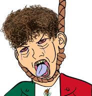 bloodshot_eyes brown_hair clothes ear flag hair hanging mexican_twink mexico open_mouth red_eyes rope soyjak suicide tongue variant:carterjak variant:kuzjak white_skin zoomer // 1036x1080 // 608.9KB