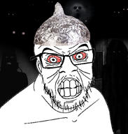 bloodshot_eyes clenched_teeth clothes dark glasses hat monster ominous scary schizo schizophrenia shadow soyjak stubble tin_foil variant:feraljak wrinkles // 981x1032 // 366.3KB
