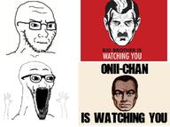 1984 arm big_brother comic concerned frown glasses hand hands_up japan open_mouth soyjak soyjak_comic stubble subvariant:soyak_(irritated) subvariant:wewjak text thing_japanese variant:soyak // 680x505 // 220.4KB