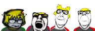 4chan 4soyjaks anime black_skin brown_skin closed_mouth clothes dyed_hair face_paint glasses hair jake jartycuck open_mouth orange_hair paint sean shemmycuck soyjak_party stubble tshirt variant:coinjak variant:dubbbzjak yellow_hair yotsoyba // 2133x701 // 641.4KB