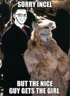 american_psycho blond blue_eyes christian_bale clothes cuck fur_coat furry incel meme reese_witherspoon sisa smug stubble suit text variant:soyak white_skin wolf // 1037x1424 // 1.5MB