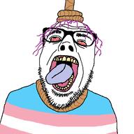 bloodshot_eyes crying flag:transgender_pride_flag hair hanging merge noose open_mouth purple_hair rope soyjak suicide tongue tranny trans transgender_flag troon variant:bernd variant:dubbbzjak // 512x512 // 11.6KB