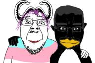 2soyjaks chud_troon_alliance closed_mouth flag friendship glasses gnu gnulinux hair hand horn mustache penguin purple_hair stubble subvariant:chudjak_front tranny variant:bernd variant:chudjak // 1313x866 // 561.2KB