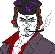 Admiral_Avvakened_(Namefag) THE_AVVAKENED a10_eyes clothes cyborg glasses goatee kazuma_kiryu kiseru meta:op_made_a_self_portrait_of_xerself officer_cap self_insert self_portrait smoking smoking_pipe suit yakuza // 886x872 // 32.3KB