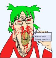 4chan angry anime arm blood bloodshot_eyes clenched_teeth clothes cracked_teeth ear female glasses green_hair hair hand holding_object nosebleed red_eyes report soyjak subvariant:feralrage variant:feraljak vein white_skin yellow_teeth yotsoyba // 778x800 // 288.7KB