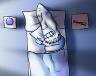 bed biting_lip blanket full_body glasses hugging nightlight pillow retard shadow sleeping soyjak stubble variant:parrotjak wholesome // 1294x1032 // 860.0KB