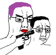 2soyjaks angry arabic_text closed_mouth glasses gun hair hand holding_gun holding_object holding_pistol imminent_death isis islam lipstick pistol purple_hair scared soyjak stubble tranny variant:chudjak // 1058x1040 // 266.8KB