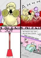 3soyjaks animal_abuse blood blood_from_mouth blood_on_face blood_splatter blood_spray bottle cannibalism death dismemberment entrails fluffy_pony glasses gore infanticide mutilation my_little_pony open_mouth severed_arm severed_leg severed_limb soy soyjak soylent soylent_(strawberry) soylent_bottle stubble text torture variant:markiplier_soyjak variant:soyak // 1050x1477 // 1.4MB