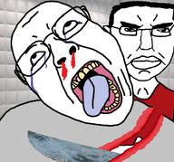 Iron_edit SLICED asylum blood blood_from_nose brutal brutality crying dead fatality glasses gore_test machete nose_bleed open_mouth padded_cell rope soyjak subvariant:chudjak_front subvariant:pol_face subvariant:unbotheredchud tongue variant:bernd variant:chudjak yellow_teeth // 1295x1205 // 205.2KB