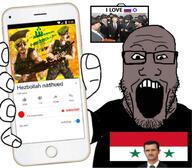 arm bashar_alassad black_skin clothes flag hand hezbollah holding_object holding_phone iphone israel judaism nasheed open_mouth phone russia soyjak subvariant:phoneplier subvariant:phoneplier_vertical syria tshirt variant:markiplier_soyjak vladimir_putin youtube // 945x825 // 628.7KB