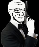 arm bowtie clothes firearm glasses gun hand holding_gun holding_object holding_pistol james_bond smile smug soyjak stubble tuxedo tv_(4chan) variant:soyak weapon // 1159x1371 // 199.5KB