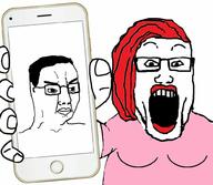 2soyjaks arm breasts clothes female glasses hair hand holding_object holding_phone iphone medium_breasts open_mouth phone pink_shirt red_hair red_lips soyjak subvariant:female_markiplier subvariant:phoneplier subvariant:phoneplier_vertical tshirt variant:chudjak variant:markiplier_soyjak // 1000x872 // 90.3KB