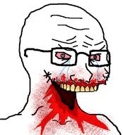 blood bloodshot_eyes crying glasses gore no_jaw open_mouth soyjak stubble variant:soyak yellow_teeth // 746x825 // 459.8KB