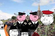 animal closed_mouth clothes ear flag flag:ireland frown full_body glasses hat ireland irl_background military_beret missing_teeth monocle multiple_soyjaks necktie open_mouth pig rock soyjak stubble subvariant:massjak subvariant:wholesome_soyjak uniform variant:gapejak variant:markiplier_soyjak variant:soyak // 1846x1227 // 1.5MB