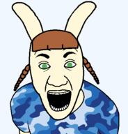 bemani brown_hair clothes green_eyes hair konami mimi_(pop'n_music) open_mouth pop'n_music rabbit soyjak variant:el_perro_rabioso // 427x446 // 40.3KB