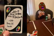 black_skin bwc glasses open_mouth queen_of_hearts soyjak stubble tattoo text uno variant:chugsjak // 680x455 // 367.4KB