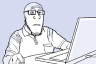 blue_background closed_mouth clothes computer_mouse eyebags frown glasses hand laptop neutral shadow stubble subvariant:neutralplier subvariant:threefourthsplier table template variant:markiplier_soyjak white_skin wire // 736x492 // 15.9KB