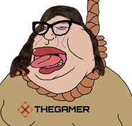 ack clickbait crying fat gaming hanging journalist long_hair meximutt noose obese open_mouth red_eyes soyjak stacey_henley thegamer tongue tranny trans transparent_background transwoman troon variant:meximutt yellow_teeth // 888x849 // 197.2KB