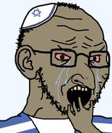 bloodshot_eyes brown_eyes brown_skin clothes crying ear glasses hat jewish_nose judaism jude kike kippah nose open_mouth rotten_teeth sad series:yehudyakim soyjak star_of_david stubble subvariant:crying_soyak_ears2 subvariant:soyak_ears tallit variant:soyak // 970x1150 // 37.9KB