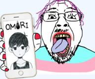 glasses holding_object holding_phone iphone omori open_mouth phone soyjak stubble sunny_(omori) tranny variant:bernd // 921x763 // 448.1KB