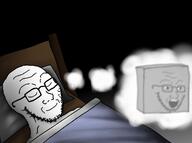 bed blanket closed_eyes closed_mouth cube dream glasses objectsoy open_mouth pillow sleeping soyjak stubble thought_bubble variant:soyak // 1761x1307 // 903.4KB
