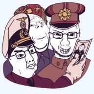 4soyjaks closed_mouth clothes ear fascism glasses grin hair hand hat holding_object japan military military_cap nazism necktie nikocado_avocado photo smile soyjak stubble subvariant:soyak_front subvariant:wholesome_soyjak swastika uniform variant:chudjak variant:gapejak variant:impish_soyak_ears variant:soyak // 800x800 // 64.0KB
