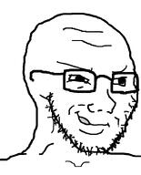 closed_mouth eyebrows eyes glasses licking_lips looking_to_the_right nose open_mouth smug soyjak stubble template variant:soyak white_background white_skin // 644x800 // 7.4KB