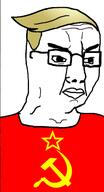 clothes communism glasses hair hammer_and_sickle red soyjak star stubble tshirt variant:chudjak yellow_hair // 251x464 // 33.6KB