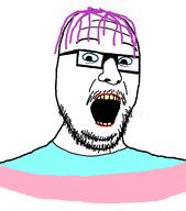 clothes eyeliner glasses lipstick mustache open_mouth purple_hair soyjak stubble tranny variant:wheatonjak yellow_teeth // 1027x1169 // 29.8KB