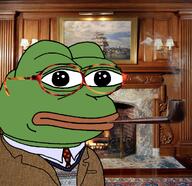 amphibian closed_mouth clothes collared_shirt fair_isle fire fireplace fixed frog glssses green_skin irl_background lamp lips nas:pepe necktie painting pepe pepe_the_frog pipe rug ship smoke smoking sport_coat study suit suit_and_tie sweater tortoise_glasses wooden_floor wooden_wall // 1241x1202 // 1.8MB
