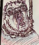 ack art bloodshot_eyes creepy drawing ear fat flag glasses hanging horror oekaki redraw rope soyjak stubble style_emulation suicide tongue tranny variant:bernd // 2299x2628 // 8.3MB