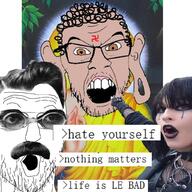 2soyjaks brown_eyes buddhism buddhist ear goth hair mustache nietzsche nihilism soyjak stubble suicide swastika text variant:feraljak variant:two_pointing_soyjaks // 1024x1024 // 1.0MB