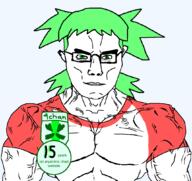 4chad 4chan anime award clothes glasses green_eyes green_hair hair muscles oldfag subvariant:chudjak_front subvariant:muscular_chud tshirt variant:chudjak vein yotsoyba // 1059x999 // 51.4KB